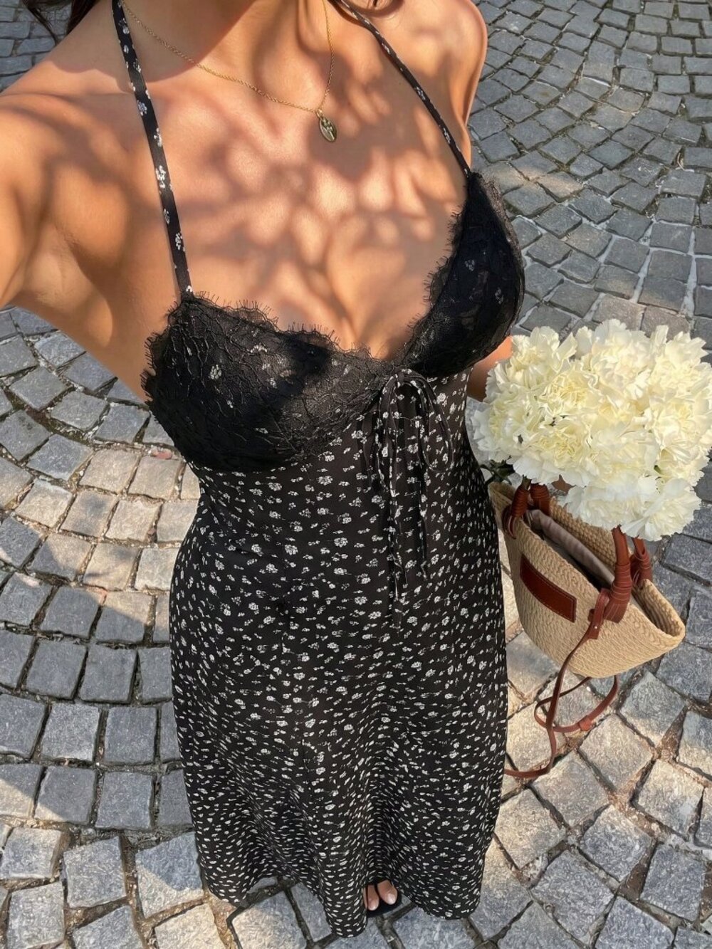 Black Boho Women's Long Floral Dress With Lace Trim - Picture 1 of 8